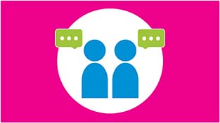 Illustration med två personer som har varsin pratbubbla med tre punkter i varje. 