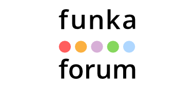 Logotype Funka forum. Orden funka och forum står på varsin rad med 5 prickar mellan sig. Prickarna är i färgerna röd, gul, lila och grön.