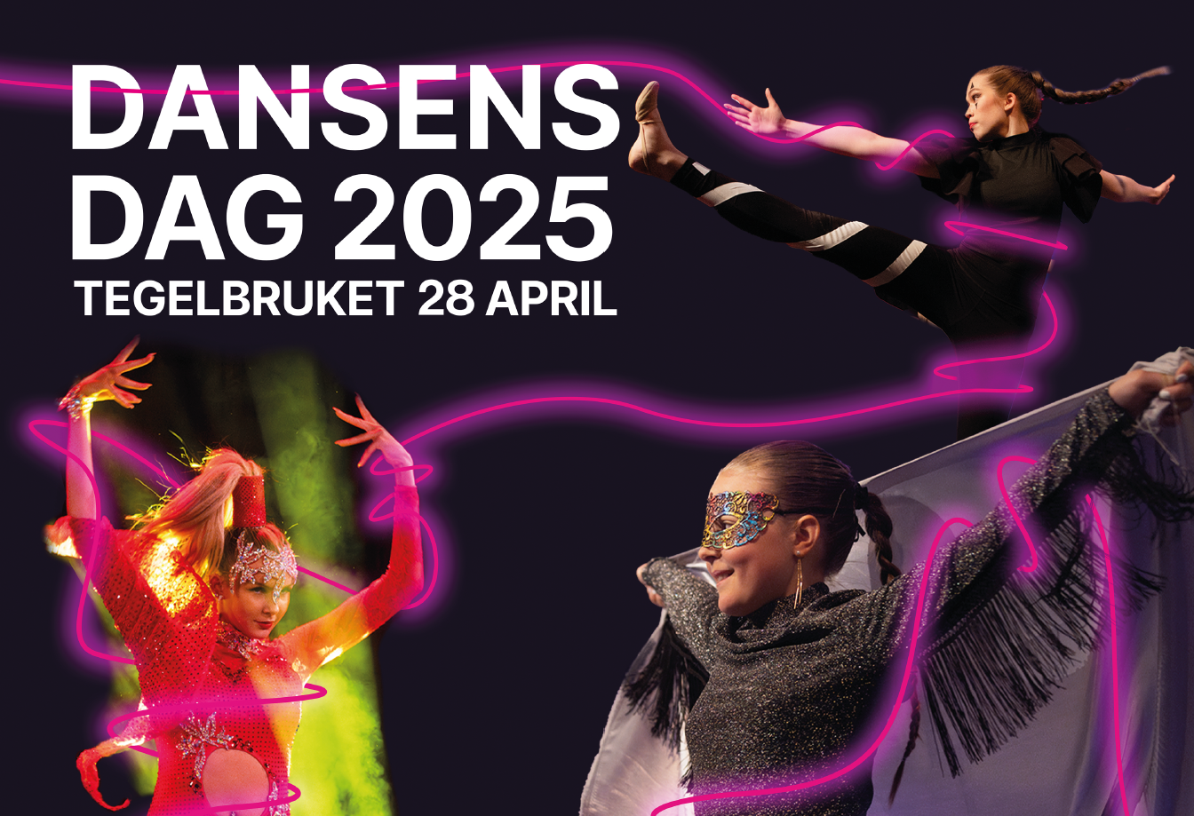 Tre unga dansare i olika poser, text : Dansens dag 2025 Tegelbruket 28 april