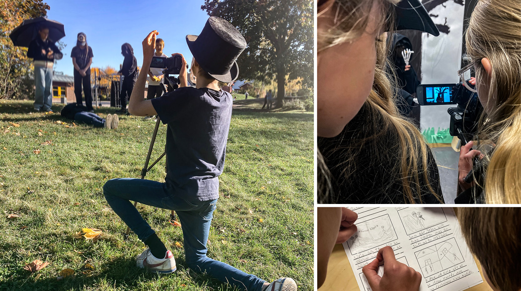 Fotokollage: ungdomar som filmar med videokamera utomhus, skriver och ritar på ett bildmanus